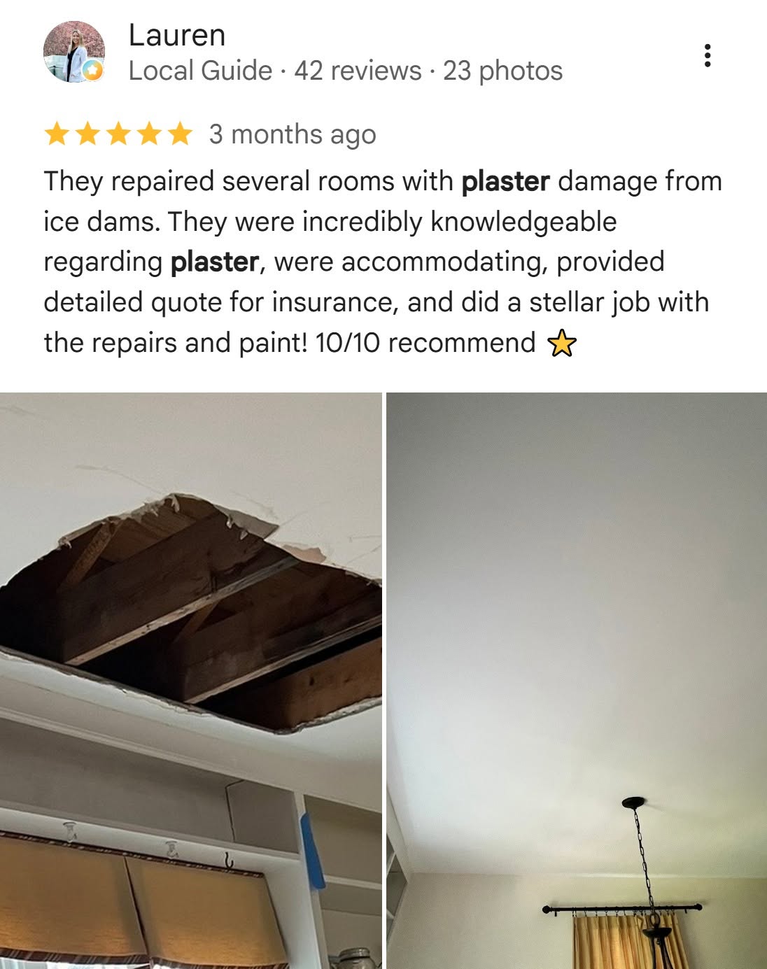 Ceiling repair and painting by Carrigan Painting in Amherst, Clarence, and Lancaster NY.